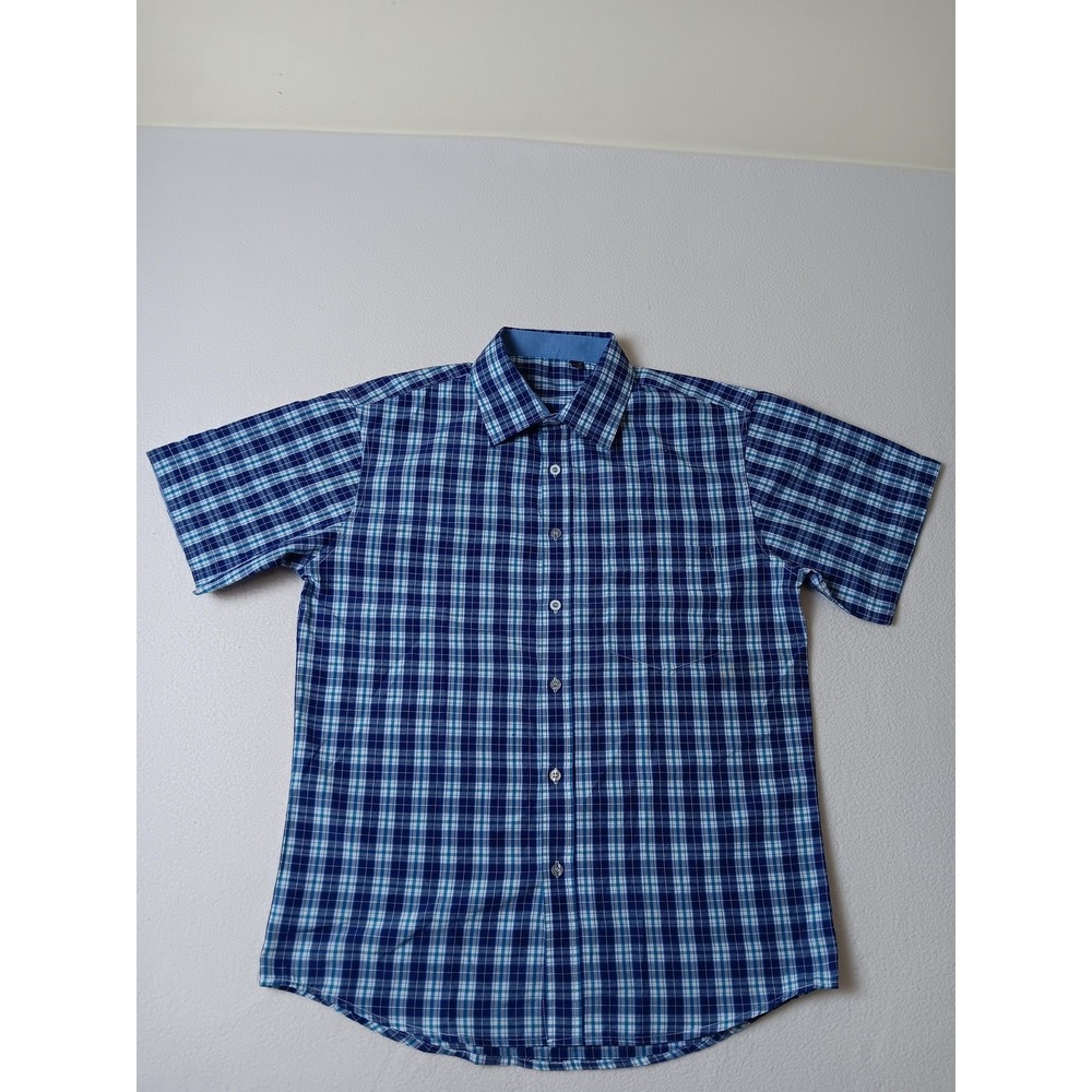 Shirt Mens M Blue Plaid Short Sleeve Button-Up Cotton Casual Woven Collared